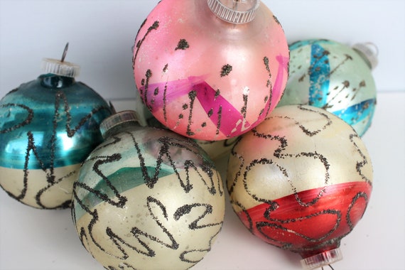 Glass Red Glitter Ball Christmas Ornament Handpainted Collectible Tree Decor