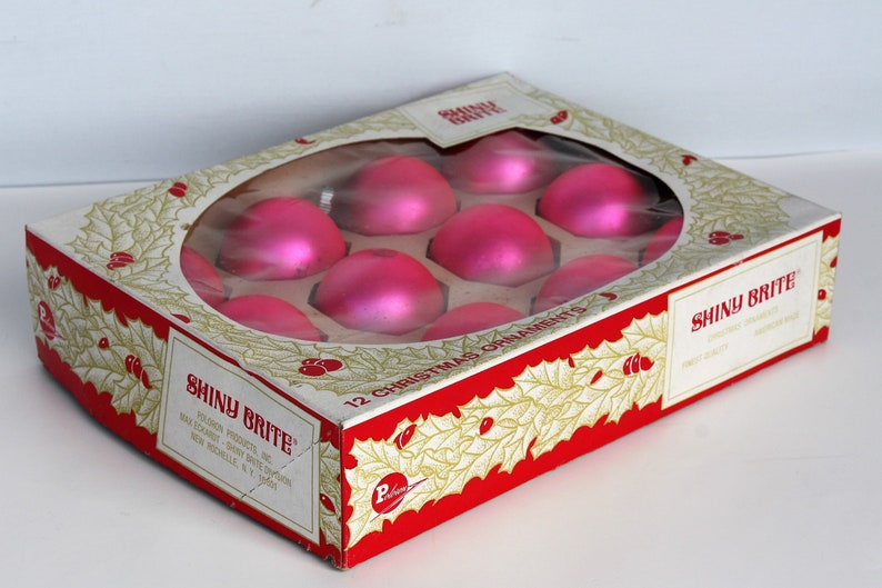 Vintage Christmas Ornaments Mercury Glass Pink Hot Pink Bright Pink Frosted Shiny Brite Original Box Shabby Cottage Christmas Holiday Decor