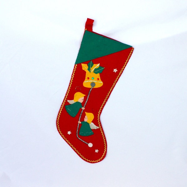 Vintage Christmas Stocking Red Green Felt Angels Pulling Bell Japan Mid Century Christmas Holiday Tree Fireplace Mantle Kitsch