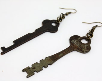 Handcrafted Antique Vintage Skeleton Keys Jewelry Earnings Distressed Repurposed Mixed Media Assemblage Boho Chic Steampunk OOAK