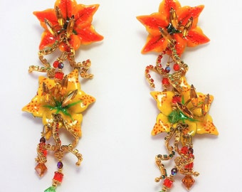 Vintage Lunch At The Ritz Earrings Double Tiger Lilies Orange Yellow Floral Flowers Blooms Wedding Designer Statement Collectible Clip On