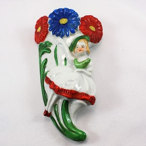 Vintage Ceramic Wall Pocket Plaque Vase Planter Girl With Red Blue Flowers Daisies Floral Japan Hand Painted Kitschy Farmhouse Grandma Chic