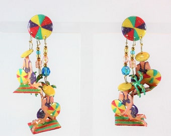 Lunch At The Ritz Earrings Beach Ball Girls On Towels 3D Beachy Glitzy Retired LATR Designer Statement Collectible Pierced Posts