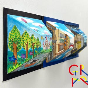 May include: A multi-panel artwork depicting a whimsical street scene. The artwork features a series of painted panels, each showcasing a different element of a town, including trees, a castle, and buildings. The color palette includes blues, greens, and browns.