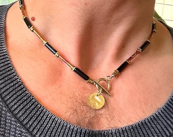 Cairo - Jasper Tube Necklace, Iridescent Accent, Gold Detail