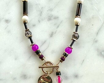 Prague - Mother of pearl, Jasper, and Magenta/Marble glass beads with Gold toggle clasp