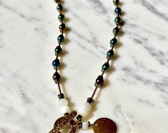 New Orleans Glass Pearl Necklace – Peacock Blue Green Purple, Gold Hematite, Mother of Pearl