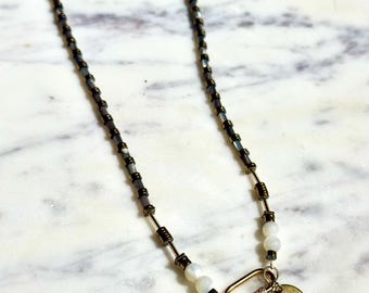 Chicago - Grey Mother of Pearl & Gold Hematite necklace with Carabiner closure