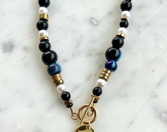 Sydney - Chunky Beaded Necklace: Black, Navy, Gold Accent Beaded Jewelry