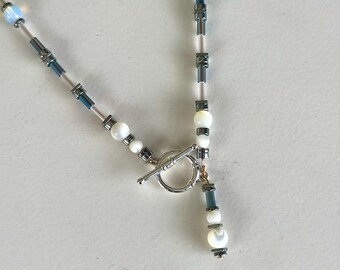 Antarctica - Iridescent Blue, Mother of Pearl, Silver, & Opalite Beaded Reversible Silver Necklace