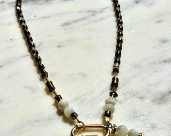 Chicago 2 - Grey Mother of Pearl & Gold Hematite necklace with Carabiner closure