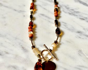 Carmel - Wooden Bead, Brown Mother of Pearl, Tortoise, Gold Hematite and Metal Reversible Necklace