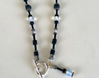 Berlin - Inspired Silver Necklace – Black jasper, Lava Rock, Opalite, and Mother of Pearl