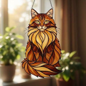 Könnte beinhalten: Glasfenster-Katze in Braun-, Bernstein- und Goldtönen. Die Katze hat gelbe Augen und lange Schnurrhaare. Sie hängt an einer Kette, geeignet für Fenster- oder Wanddekoration. Das Design ist detailliert.