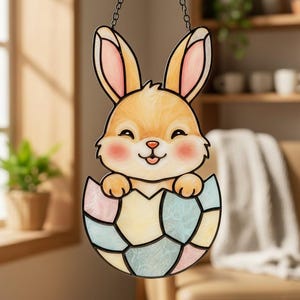Könnte beinhalten: Ein Glasfenster-Osterhasen-Suncatcher. Der Hase ist hellbraun mit rosa Akzenten und rosigen Wangen, der aus einem bunten Ei kommt. Das Ei besteht aus pastellfarbenen Glasteilen. Der Suncatcher hängt an einer schwarzen Kette.