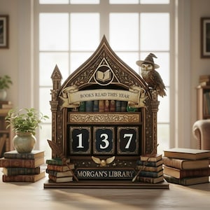 Könnte beinhalten: Ein holzgeschnitzter Bücherregal-Zähler mit dem Text "BOOKS READ THIS YEAR" und den Zahlen "137". Eine Eule mit Hexenhut sitzt oben. Der Zähler hat den Text "MORGAN'S LIBRARY" unten. Bücher und eine kleine Pflanze stehen auf dem Tisch.