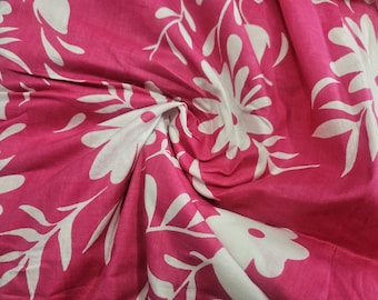 Pink Floral Print Cotton Running Fabric Hand Block Pink & White Flower Cotton Indian Fabric Handmade Natural Sewing By Yard