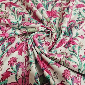 Indian Pink Green Floral Block Print Cotton Fabric | 100% Natural Soft Handmade Cloth | Sewing Quilting Craft Dress by Yard Pink Floral