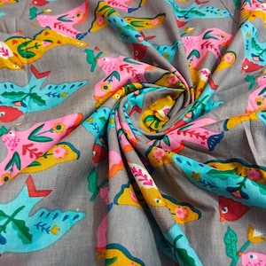 Grey Floral Cotton Fabric: Sanganeri Hand Block Print, 5 Yards