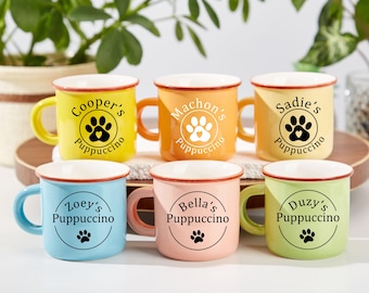 Spersonalizowany kubek emaliowany Puppuccino dla psa, spersonalizowany kubek Puppuccino, mini kubek do kawy, prezent dla mamy psa, prezenty dla psa, spersonalizowany kubek wielokrotnego użytku dla szczeniaka