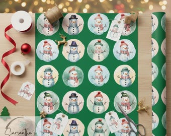 Winter Watercolor Snowman Wrapping Paper on green paper Christmas Gift Wrap, Holiday Present, Festive Paper, Snowmen Pattern, Cute Gift Wrap