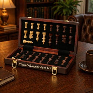 May include: A rectangular wooden chess set case with a dark finish, featuring a black interior with molded slots for chess pieces. The front of the case is engraved with the text "I wood always pick you Xx" and includes two gold-toned metal latches.