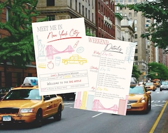 Invitación e itinerario para despedida de soltera "Nos vemos en Nueva York", plantilla editable de Canva, invitación divertida dibujada a mano, descarga instantánea.