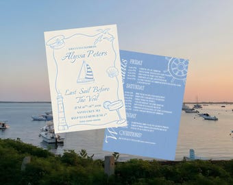 Invitación e itinerario de despedida de soltera "Última vela antes del velo", plantilla editable de Canva, invitación náutica, descarga instantánea