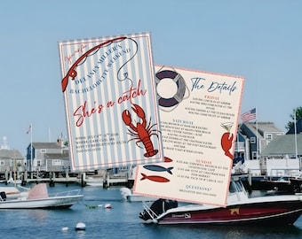 Invitación e itinerario de despedida de soltera "She's a Catch", plantilla editable de Canva, invitación de langosta, descarga instantánea