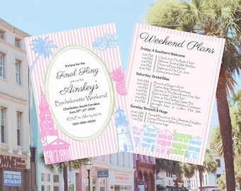 Invitación e itinerario para despedida de soltera en Charleston / Plantilla editable de Canva / Invitación de Carolina del Sur / Descarga digital