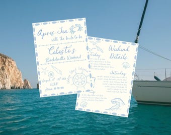 Invitación e itinerario para despedida de soltera después del mar, plantilla editable de Canva, invitación costera, descarga instantánea.