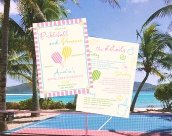 Invitación e itinerario para despedida de soltera con pickleball y prosecco, plantilla editable de Canva, invitación estilo preppy, descarga instantánea.