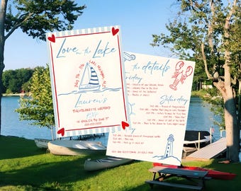 Invitación e itinerario de despedida de soltera "Amor en el lago", plantilla editable de Canva, invitación náutica, descarga instantánea