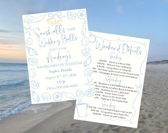Invitación e itinerario de despedida de soltera con conchas y campanas de boda, plantilla editable de Canva, invitación costera, descarga instantánea