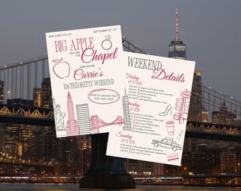 Invitación e itinerario para despedida de soltera en la Gran Manzana antes de la capilla, plantilla editable de Canva, invitación a Nueva York, descarga instantánea.