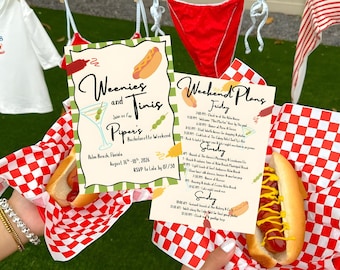 Invitación e itinerario de despedida de soltera de Weenies and Tinis, plantilla editable de Canva, divertida invitación de perrito caliente, descarga instantánea