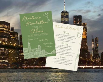 Invitación e itinerario para despedida de soltera con temática de martinis en Manhattan, plantilla editable de Canva, invitación a cócteles en Nueva York, descarga instantánea.
