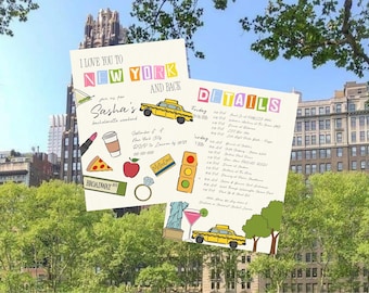 Invitación e itinerario para despedida de soltera "Te amo hasta Nueva York y de vuelta", plantilla editable de Canva, invitación original para Nueva York, descarga instantánea.