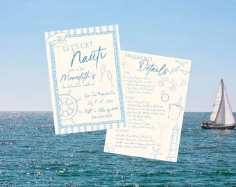 Invitación e itinerario para despedida de soltera "Let's Get Nauti", plantilla editable de Canva, invitación náutica, descarga instantánea.