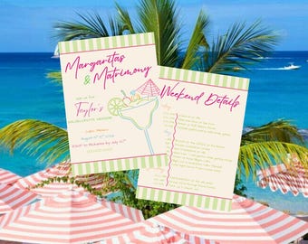 Invitación e itinerario para despedida de soltera con margaritas y matrimonio, plantilla editable de Canva, invitación playera, descarga instantánea