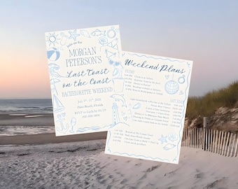 Invitación e itinerario para despedida de soltera "Último brindis en la costa", plantilla editable de Canva, invitación costera, descarga instantánea
