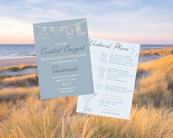 Invitación e itinerario de despedida de soltera vaquera costera, plantilla editable de Canva, invitación de despedida de soltera de la costa oeste, descarga instantánea