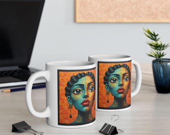 Vibrant Face Art Ceramic Mug: Bohemian Coffee Cup, Art Lover Gift