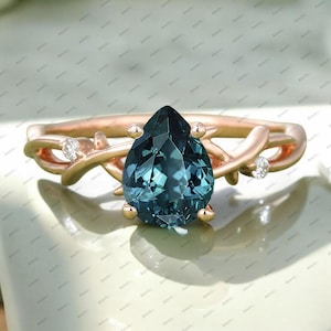 Blue Green Sapphire Engagement ring, Teal Sapphire Engagement ring,Pear cut Rose Gold ring,Unique Sapphire Leaf ring,Handmade ring
