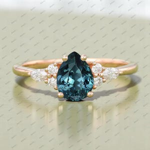 Pear shaped teal sapphire engagement ring Marquise cut prong moissanite rose gold ring cluster diamond anniversary bridal wedding ring