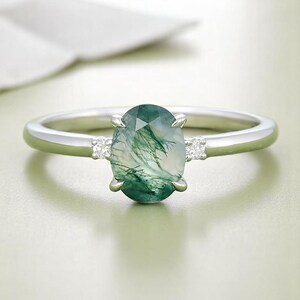 Moss Agate engagement ring Oval vintage solid gold Ring unique green Agate moissanite wedding ring bridal ring Anniversary
