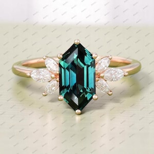 Green Sapphire Engagement Ring Women Diamond Wedding Ring Solid Gold Long Hexagon Cut Teal Sapphire Ring Promise Ring Anniversary Gift
