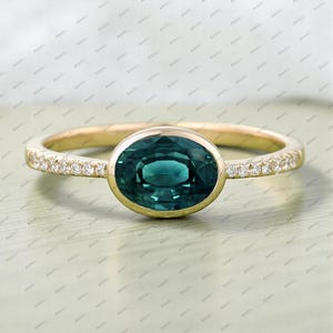 Oval cut teal sapphire engagement ring Vintage yellow gold ring Art deco bridal ring bezel set moissanite ring Promise wedding ring women