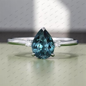 1.44ct Pear Teal Sapphire Engagement Ring 14K Teal Sapphire Wedding Ring Unique Dainty Style Ring Trilogy Bridal Promise Ring For Women