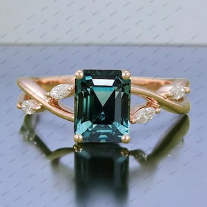 Teal Sapphire Engagement Ring, Emerald Cut Teal Sapphire Vintage Green Sapphire Ring Rose Gold Ring Promise Ring, September Birthstone